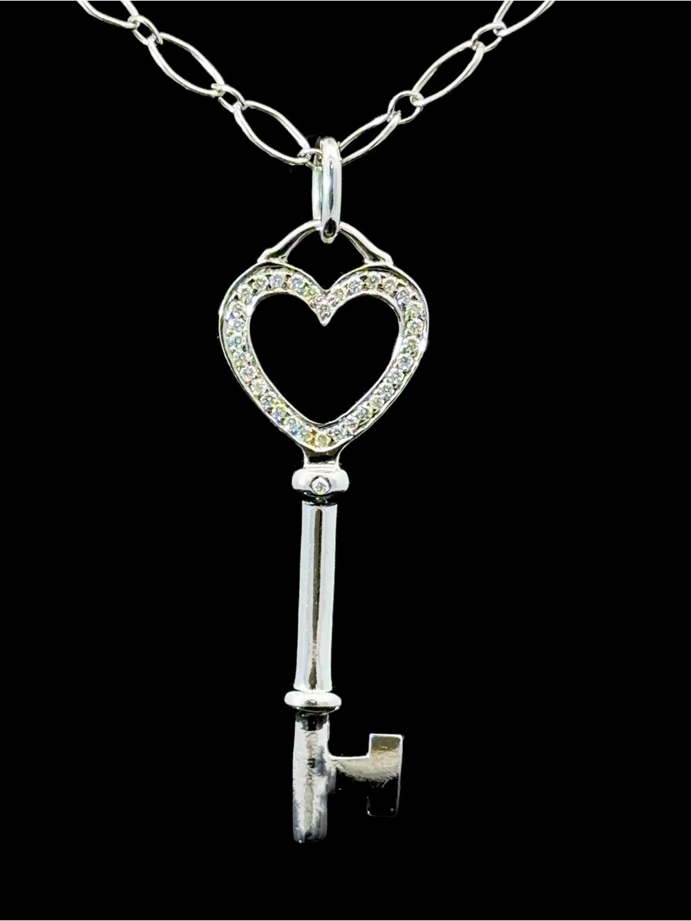 Tiffany & Co. 18K white gold diamond Key pendant with original 30inch chain